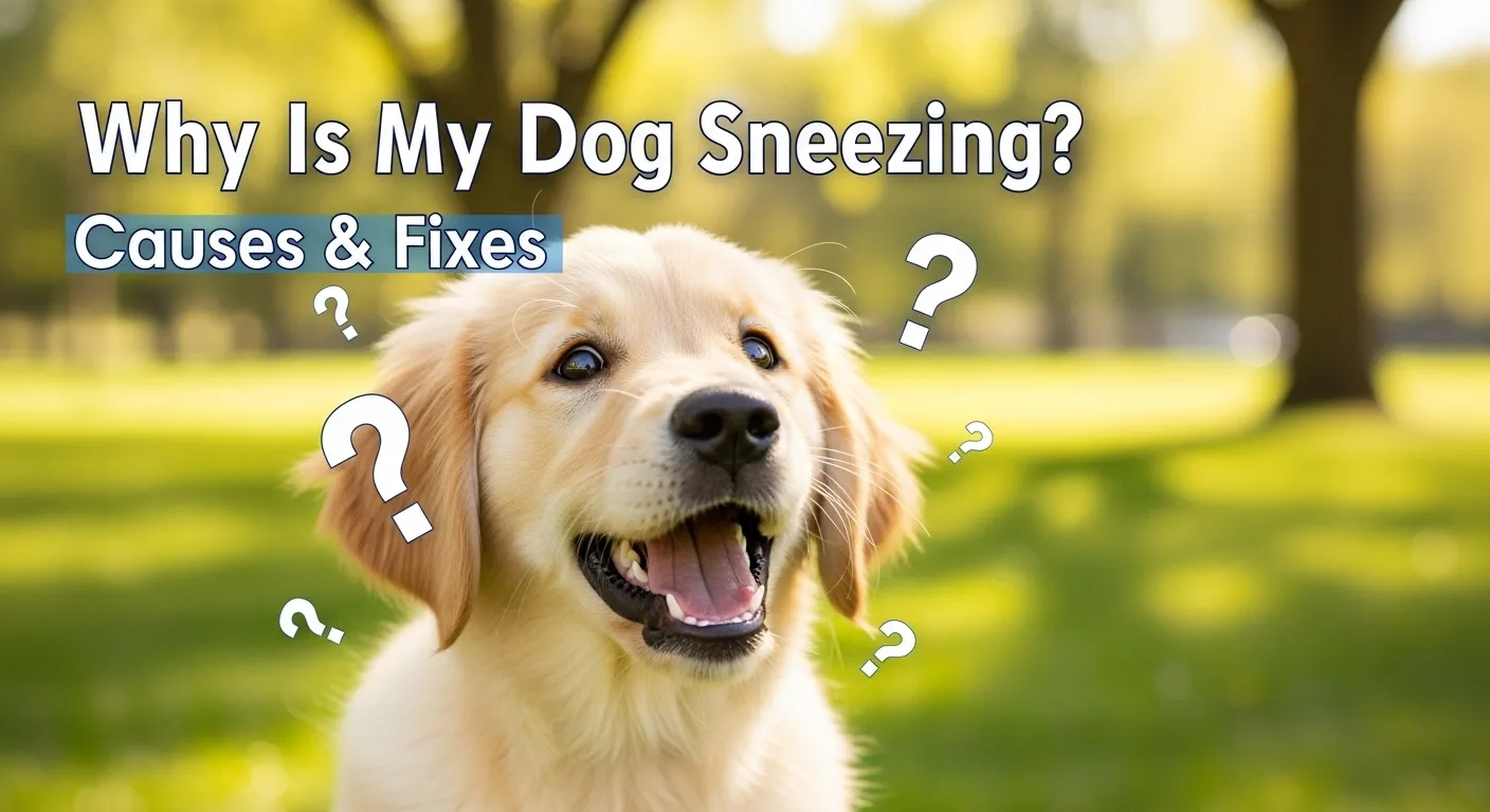 Adorable dog sneezing with question marks.