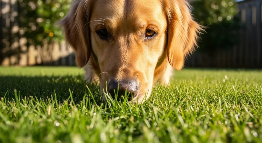 Dog sniffing grass outdoors.