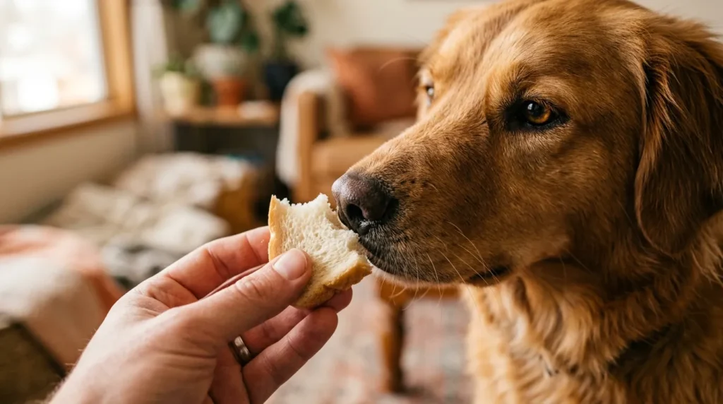 Dog sniffing a small piece of plain white bread held in a person's hand