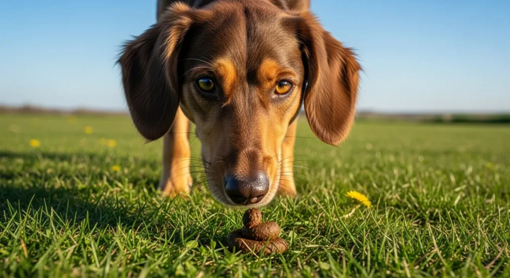 Dog examining poop outdoors