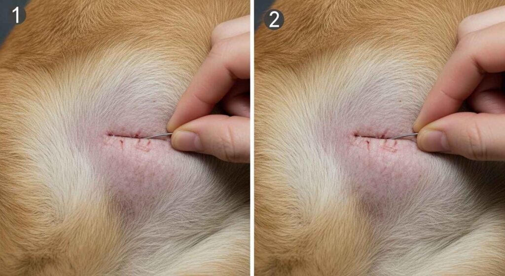 Simple illustration showing steps in dog spay surgery.