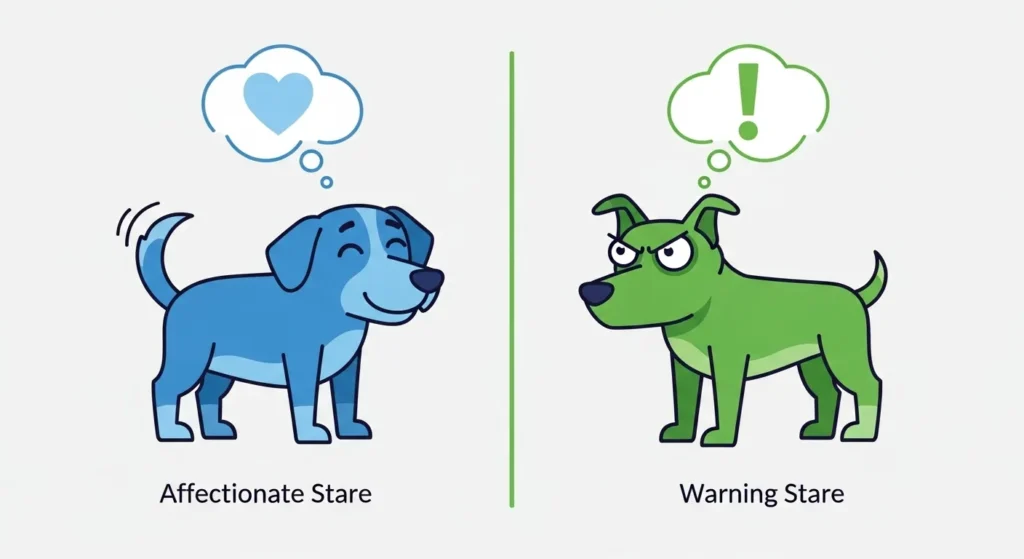 Infographic of dog staring with relaxed and tense examples.