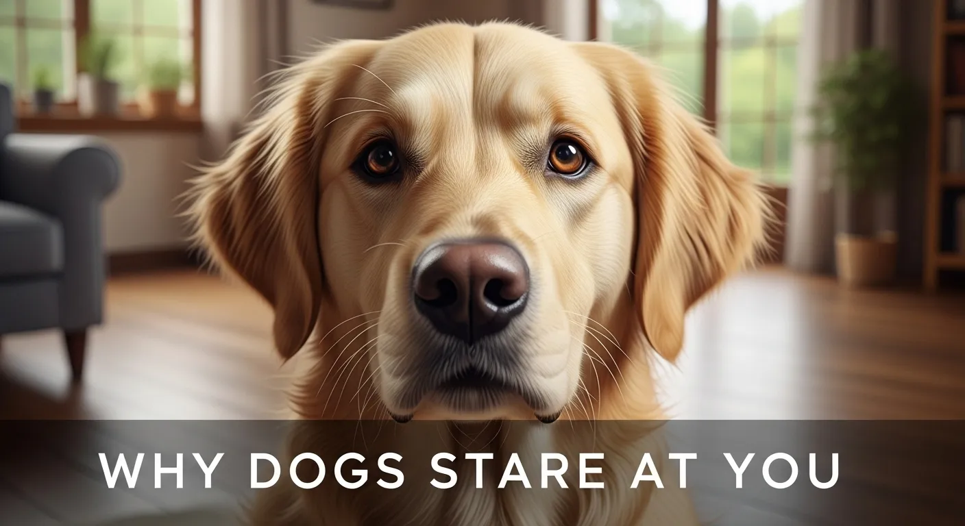 Golden retriever staring curiously at viewer for blog thumbnail.