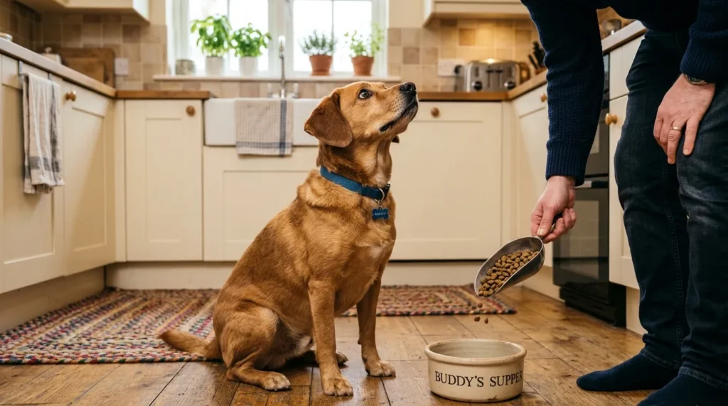 Dog staring up at owner near food bowl in kitchen