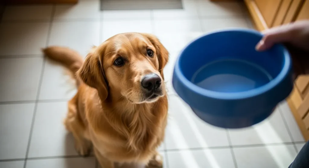Golden retriever staring at owner for food bowl.