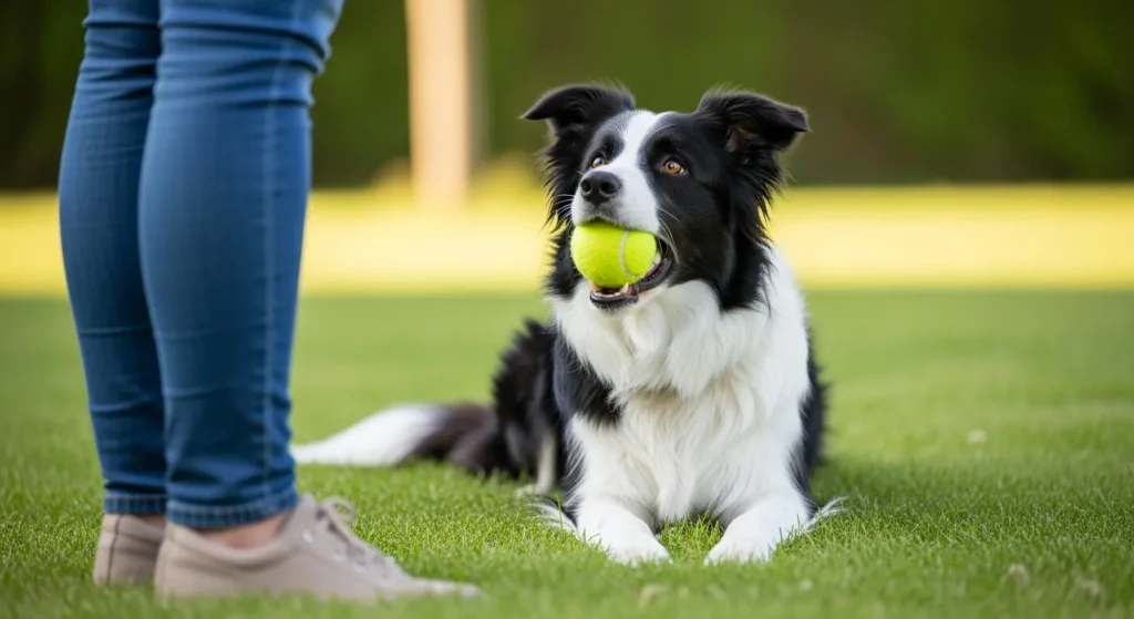 Border collie staring at owner holding tennis ball.
