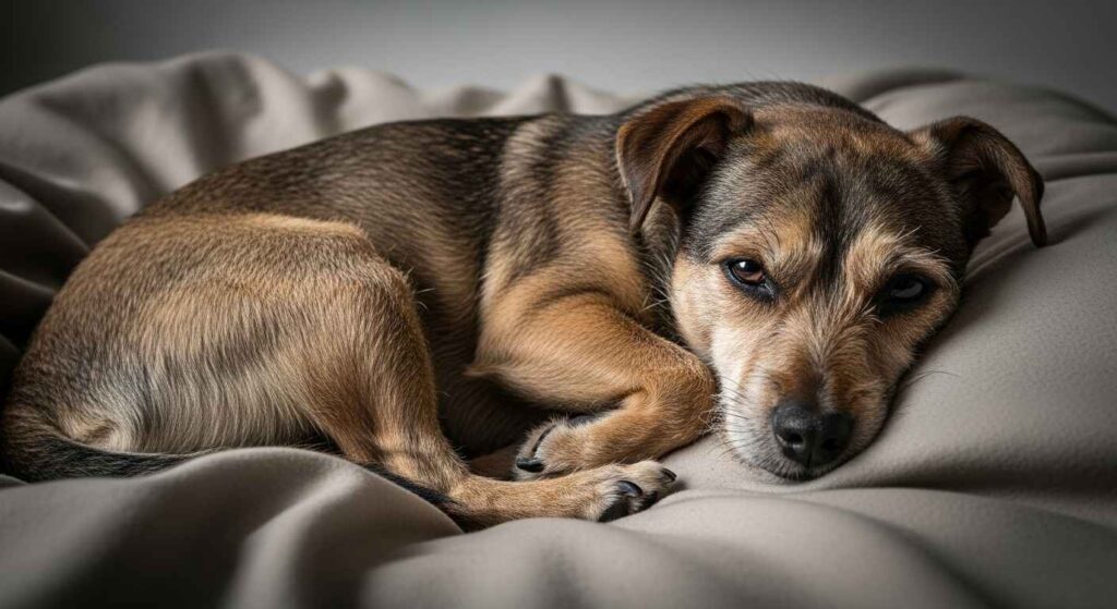 Dog lying down with upset stomach.