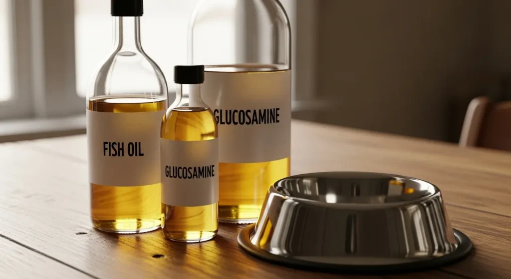 Bottles of dog supplements on table.