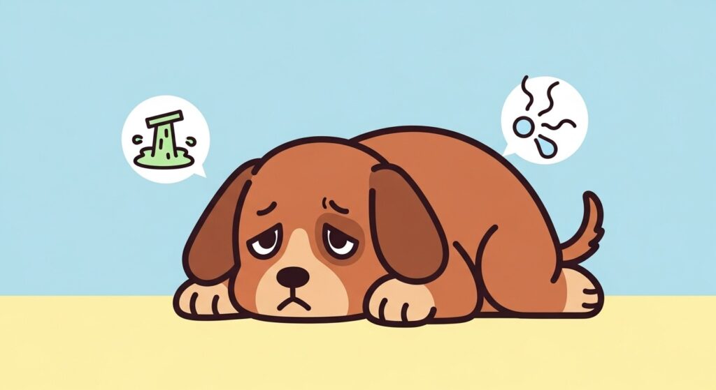 Illustration of dog with symptoms like vomiting.