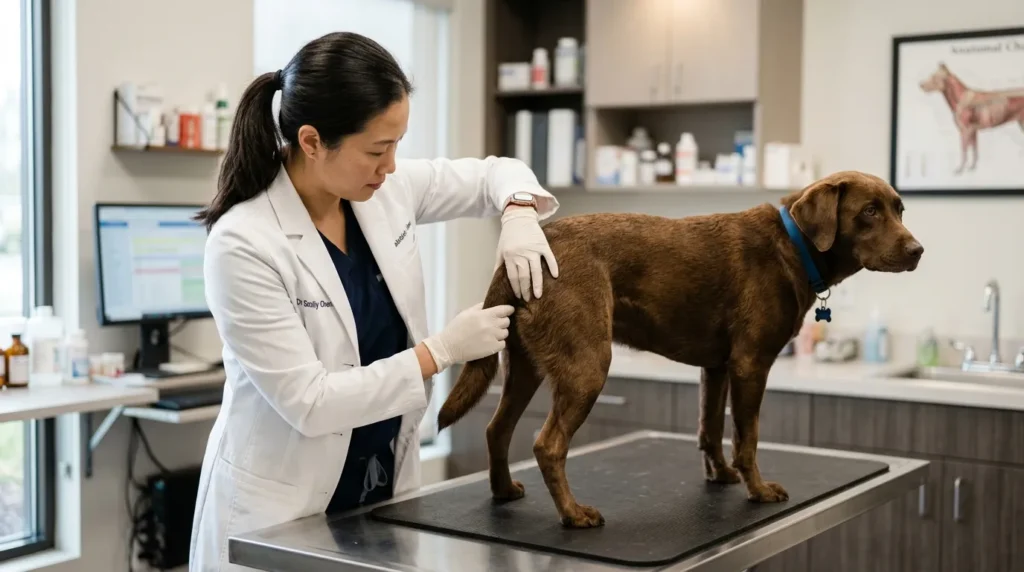 A veterinarian examining the tail base of a medium-sized dog on an examination table