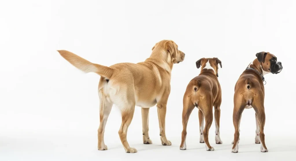 A Labrador and a Boxer standing side by side, showing different tail lengths.