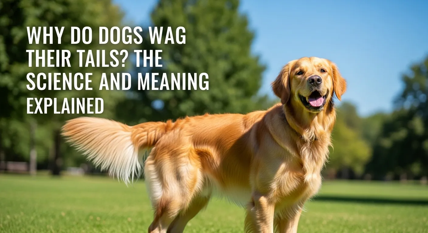 Golden Retriever wagging tail in colorful park for blog thumbnail.