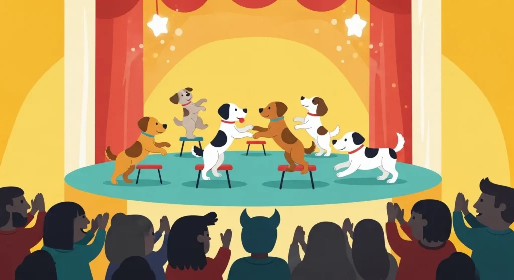Dogs on stage doing tricks with audience.