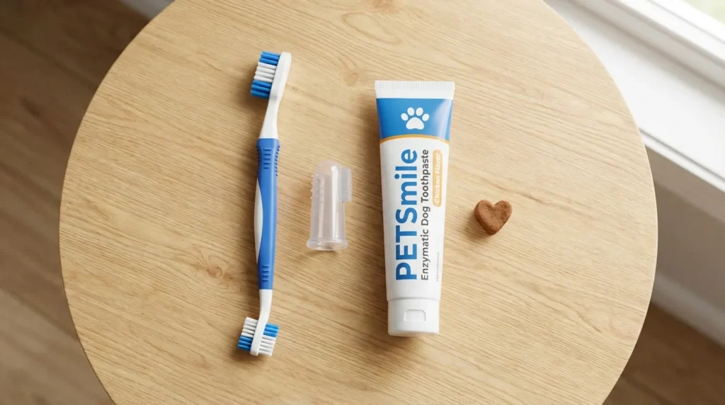 Dog dental care supplies including toothbrush, finger brush, and enzymatic toothpaste laid out on wooden surface