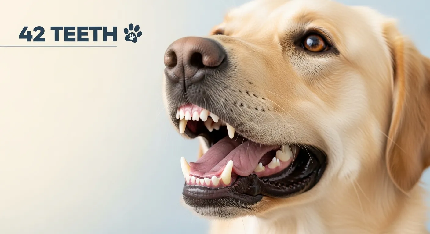 Happy dog showing healthy white teeth with "42 teeth" text overlay for dental health guide
