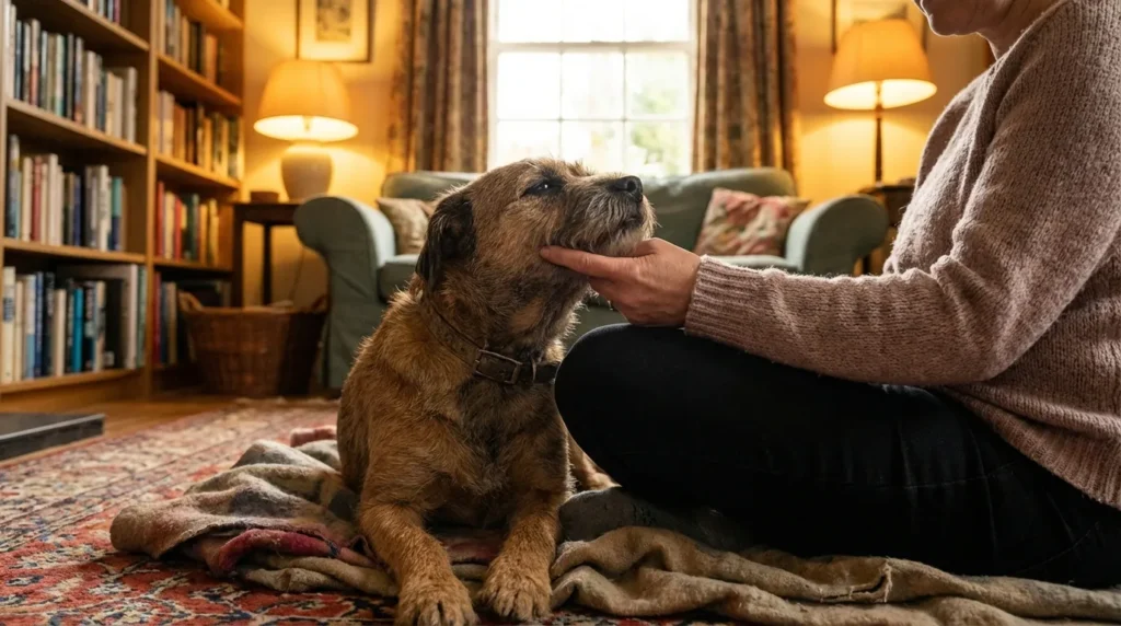 Person gently lifting a dog's lip during dental desensitization training at home