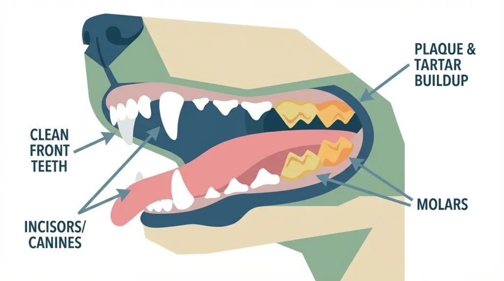Diagram showing plaque and tartar buildup on dog teeth compared to clean teeth