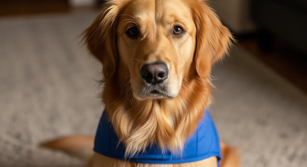 Golden retriever in blue anxiety wrap looking relaxed.