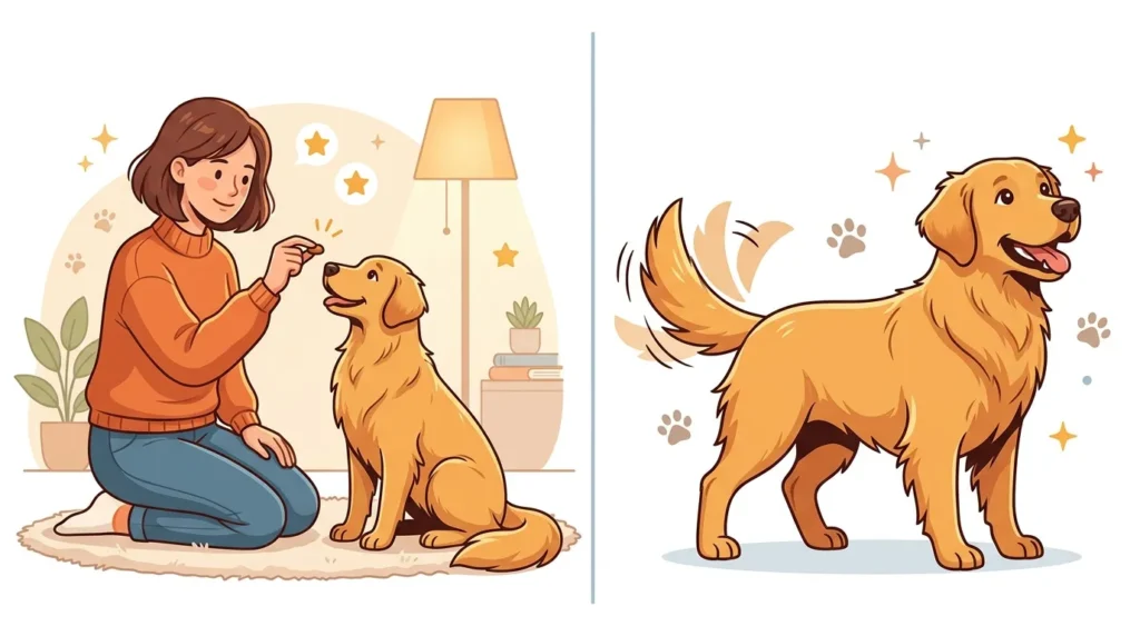 Side-by-side comparison of positive reinforcement dog training showing treat reward and happy dog response