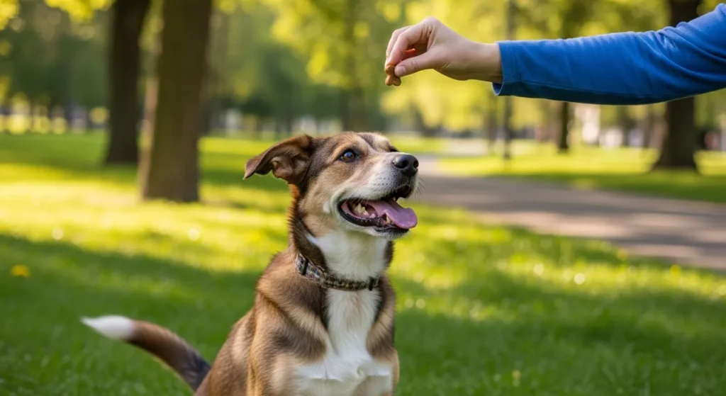Dog learning sit command during training.