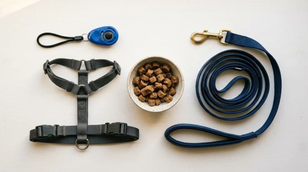 Dog training tools laid out including leash, clicker, harness and treats on white background
