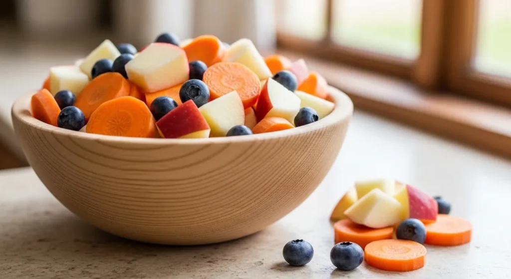 Assortment of dog-friendly fruits and veggies.