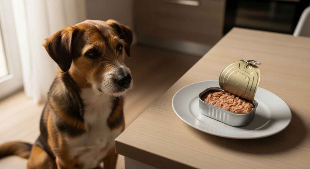 Dog near open tuna can on table.