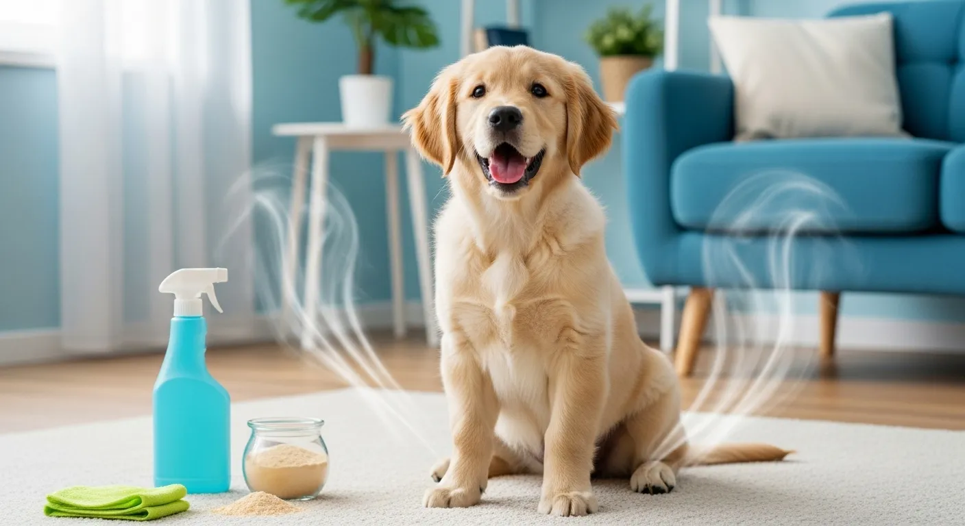 Thumbnail of a happy dog on clean carpet, illustrating how to get rid of dog urine smell.