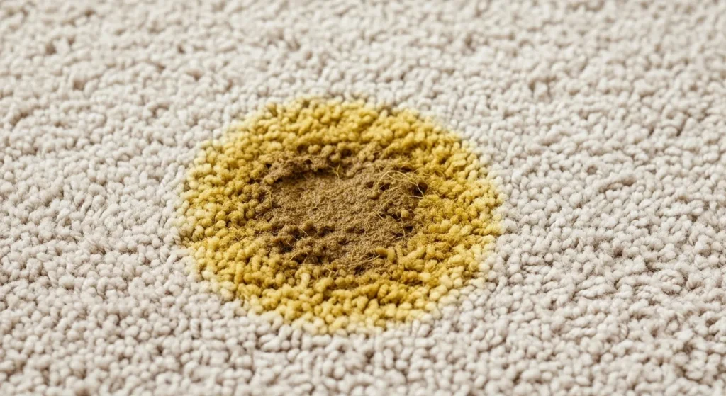 Close-up of a carpet with a dog urine stain needing cleaning