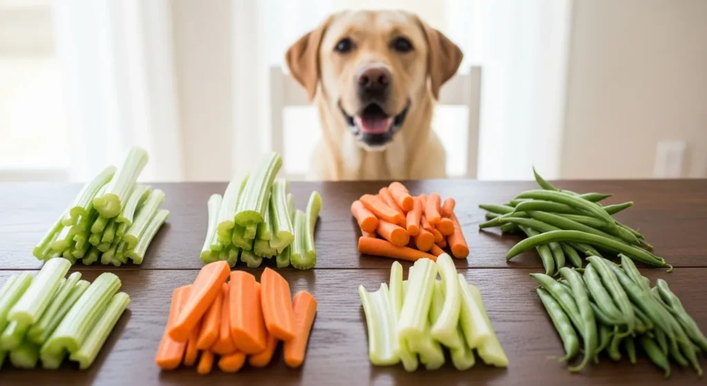 Dog-safe vegetables like celery, carrots, and green beans.