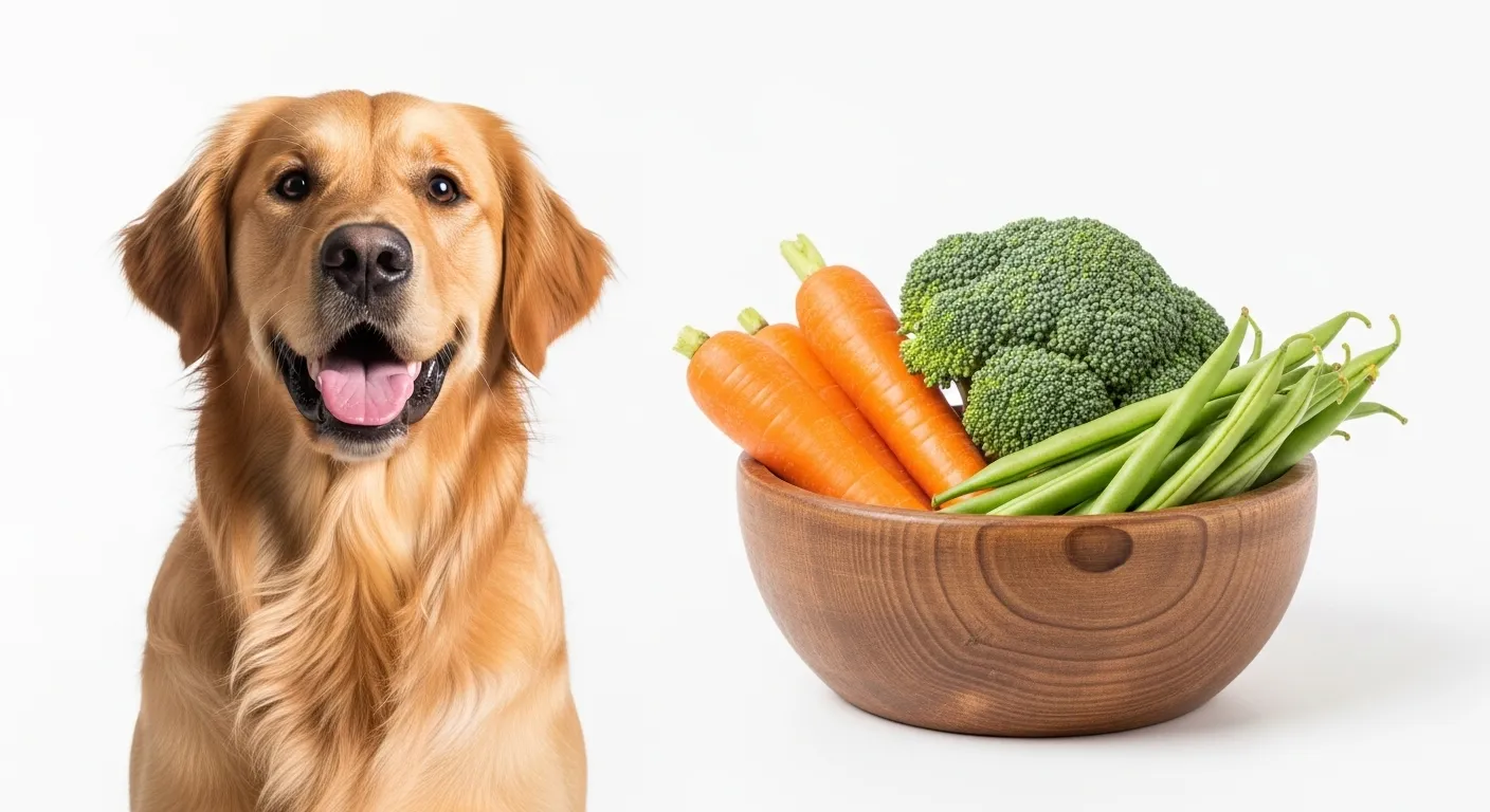 Dog beside a bowl of pet-safe vegetables.