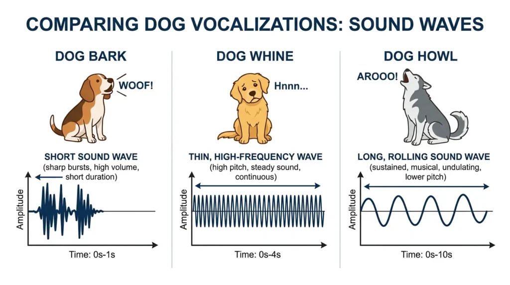 Illustration comparing dog howl, bark, and whine sound wave patterns 