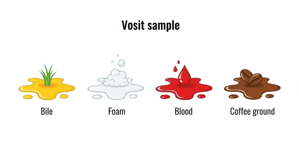 Chart of dog vomit types by color: yellow, white foam, red, brown.