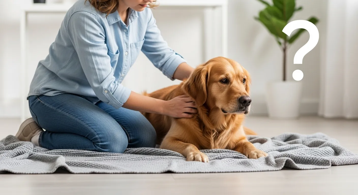 Dog lying down with concerned owner for vomiting blog post.