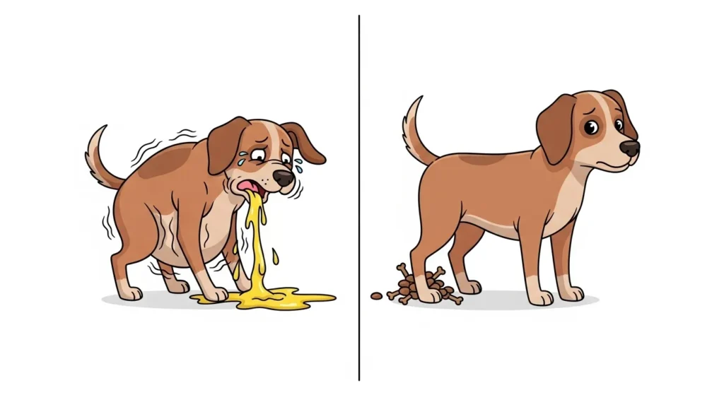 Illustration showing dog vomiting versus regurgitating food.