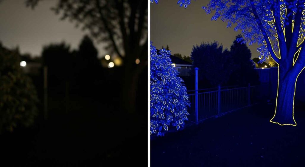 Side-by-side view of a dim room as seen by a dog and human.