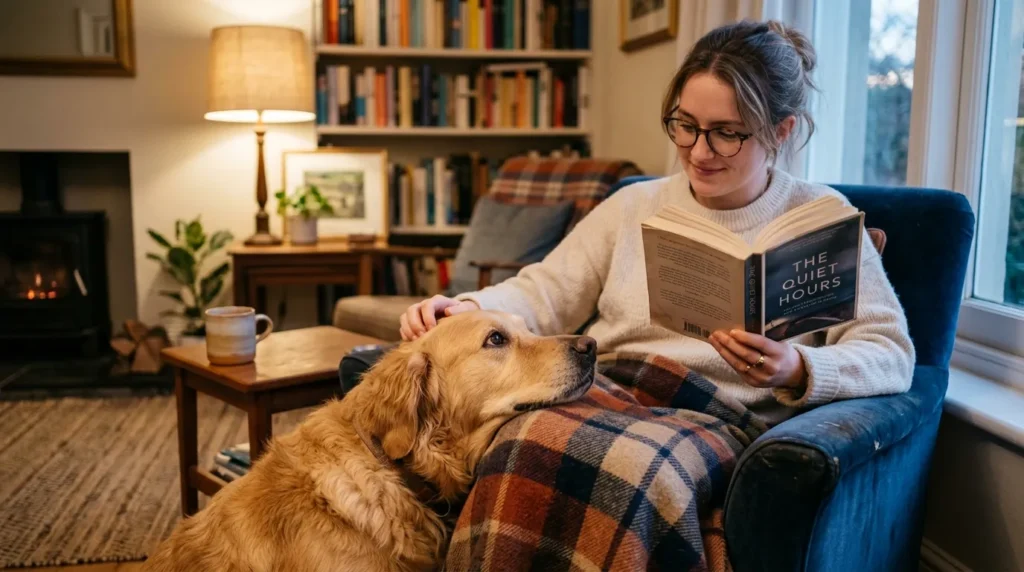 Dog resting on owner's lap and watching their face quietly