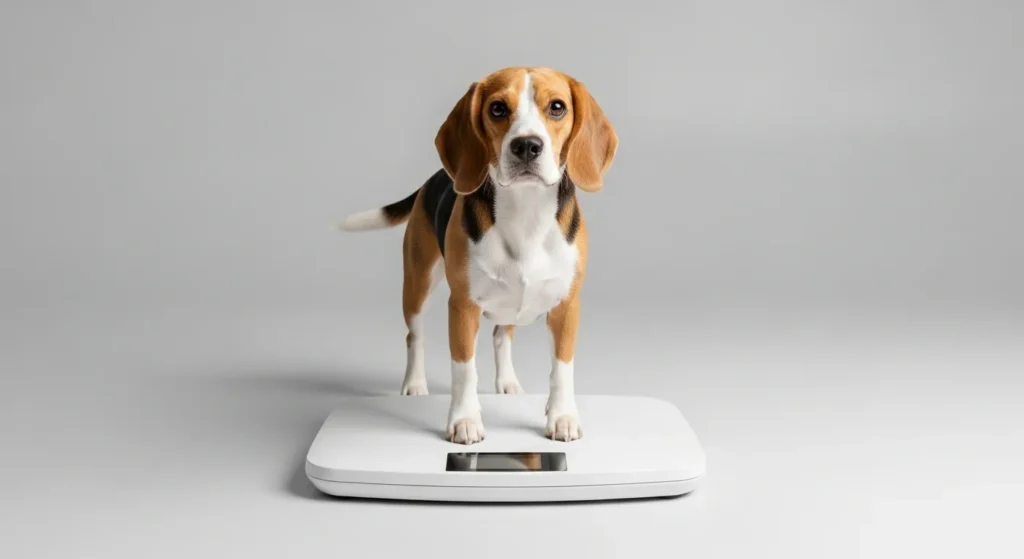 A small dog standing on a digital scale.
