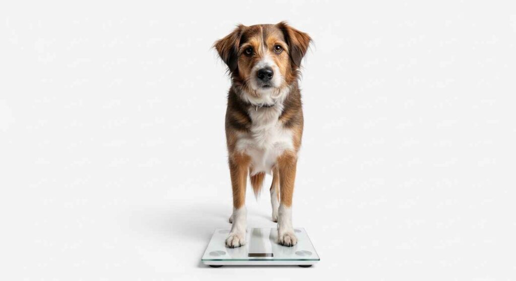 Dog standing on a scale for accurate Benadryl dosing.