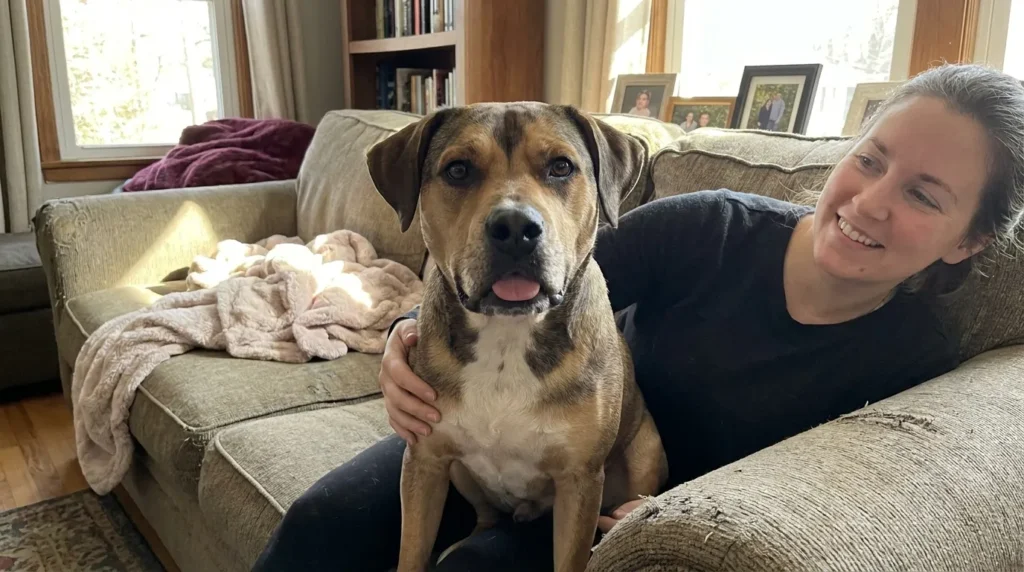 A dog with developmental condition sitting happily with owner at home