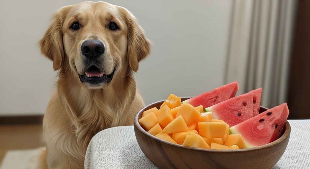 Happy dog beside cantaloupe and watermelon slices.