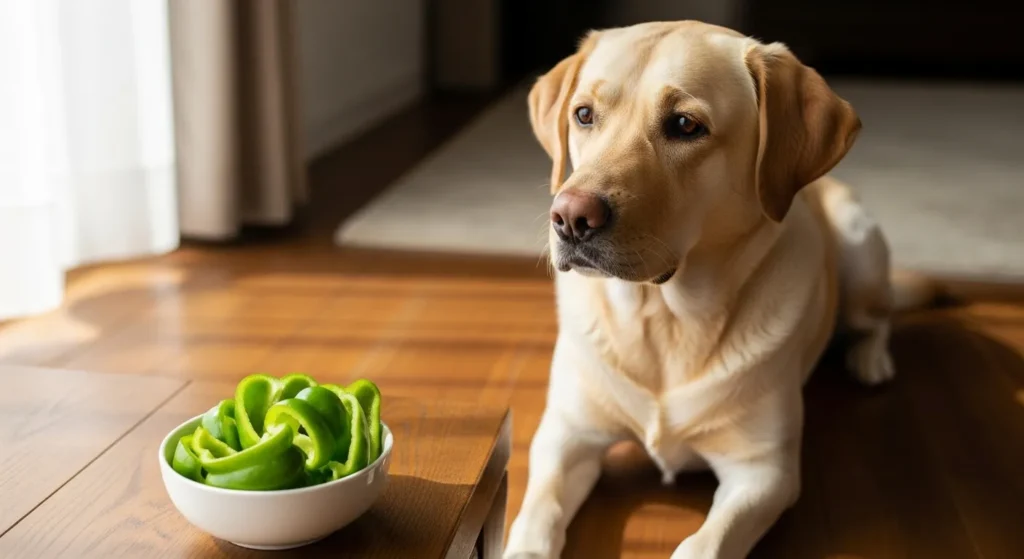 Happy dog next to green bell pepper slices.