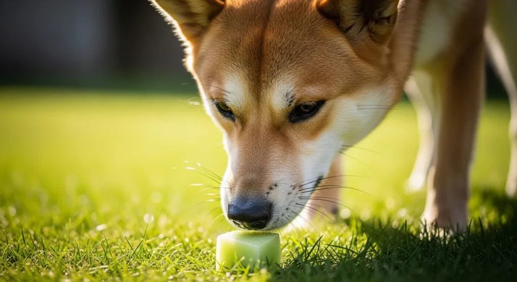 Curious dog near honeydew melon slice.