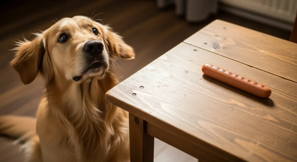 Curious dog looking at a plain hot dog on a table.
