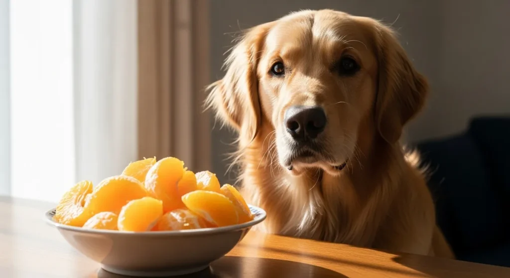 Dog beside peeled oranges