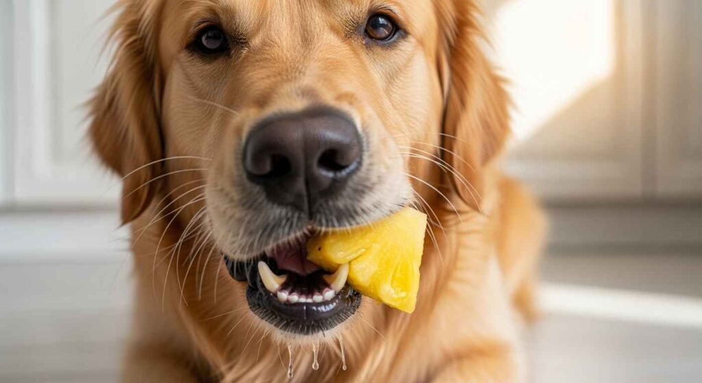 Dog eating a small piece of pineapple
