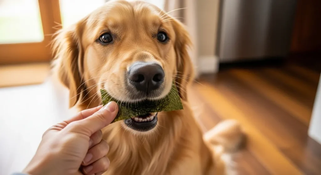 Happy dog eating plain seaweed sheet