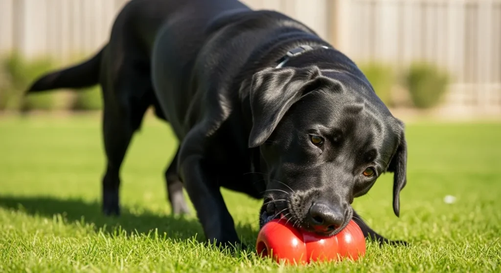 Happy dog chewing toy outdoors.