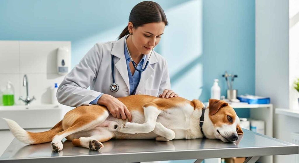 Veterinarian examining a dog’s leg for pain.