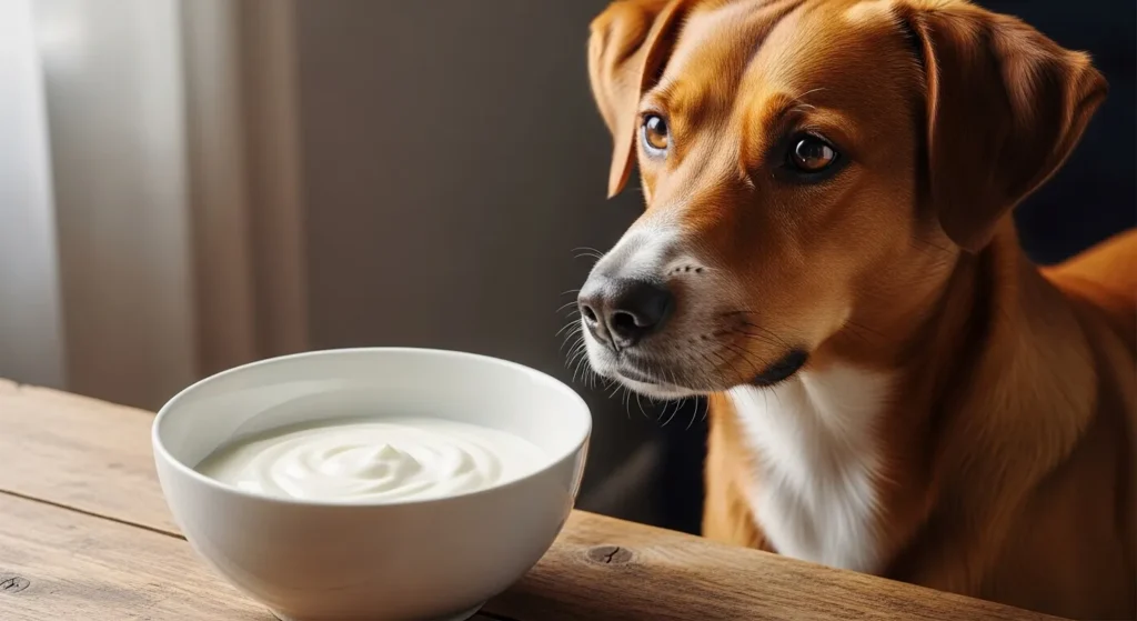 Dog near yogurt bowl.